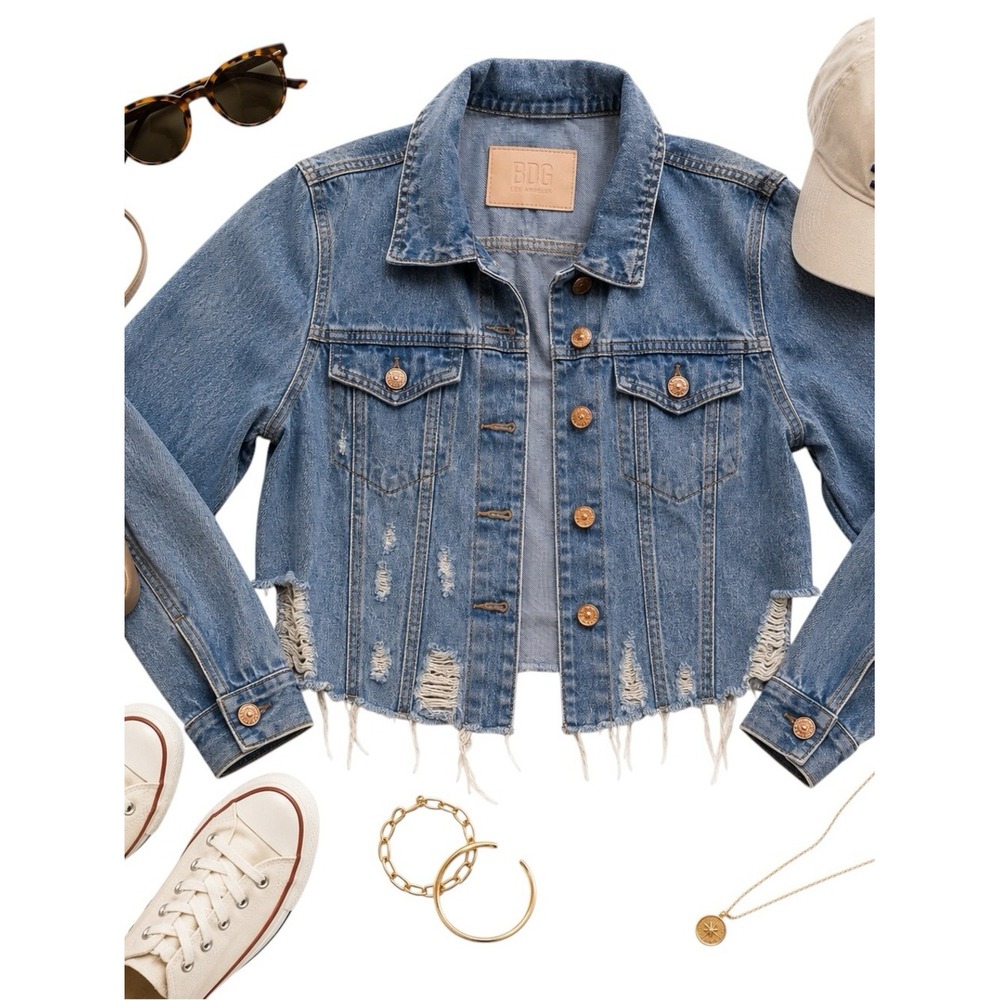 BDG Los Angeles Cropped Distressed Denim Jacket Raw Hem Trucker Blue Size Small